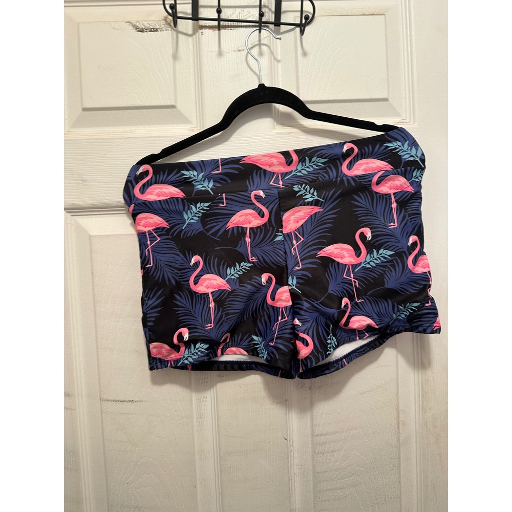 Tropical Flamingo Print Swim Gym Boy Shorts Women Large Navy Pink Palm Leaf
